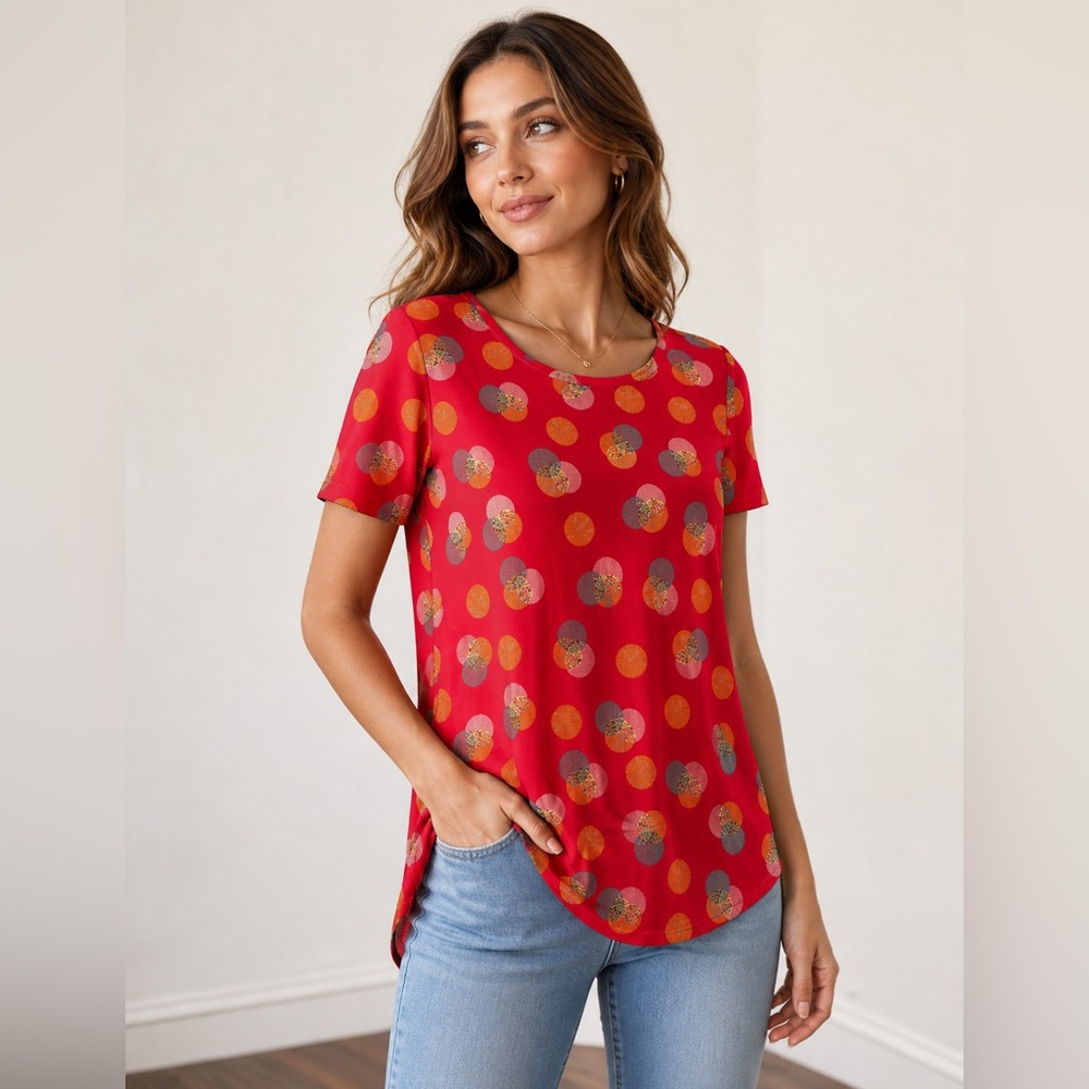 LuLaRoe Irma Tunic Top XXS – New With Tags – Red Geometric Dot Print